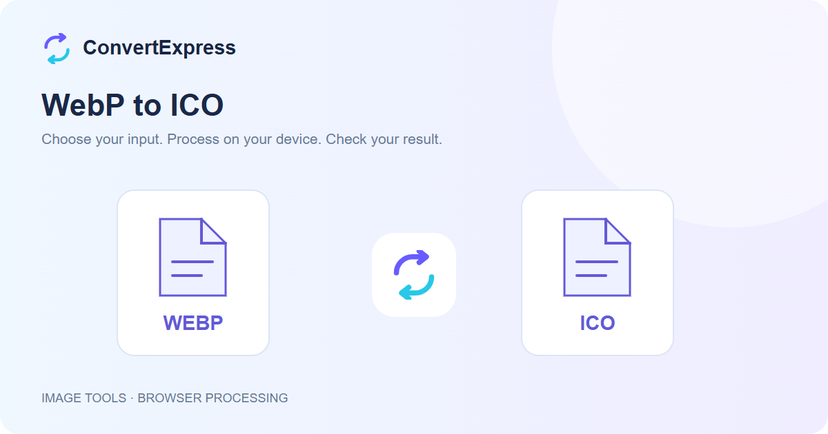 Illustration of a WEBP file becoming a ICO file in ConvertExpress